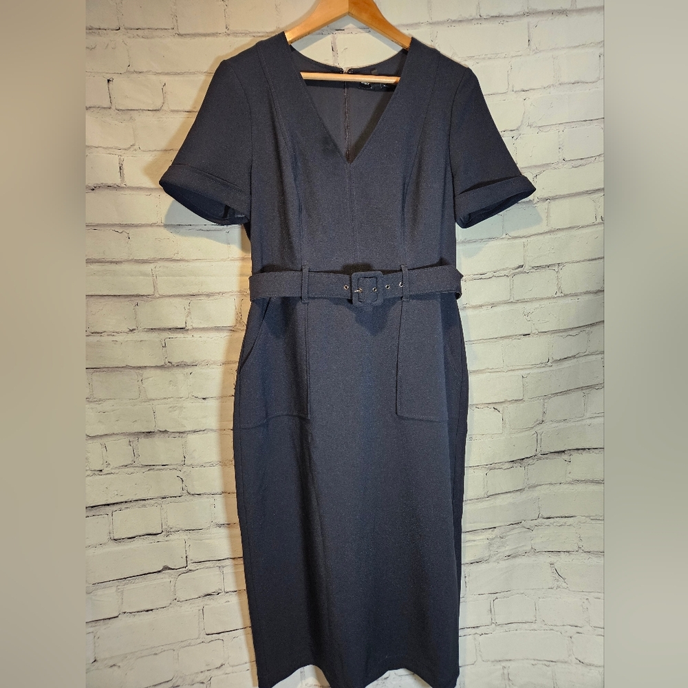 Maggy London Dress Navy Belted Curvy Past Knees US Size 10